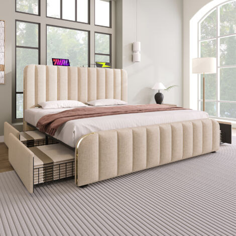 Cama doble 180x200cm cabecero con tiras doradas y puerto USB Tipo C lino 4 cajones color beige (Sin colchón)