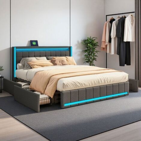 Cama doble 180x200cm, Cama con cofres y 4 cajones & doble tira LED RGB, Puertos USB/Tipo-C, Tela de lino gris, Diseño moderno inteligente
