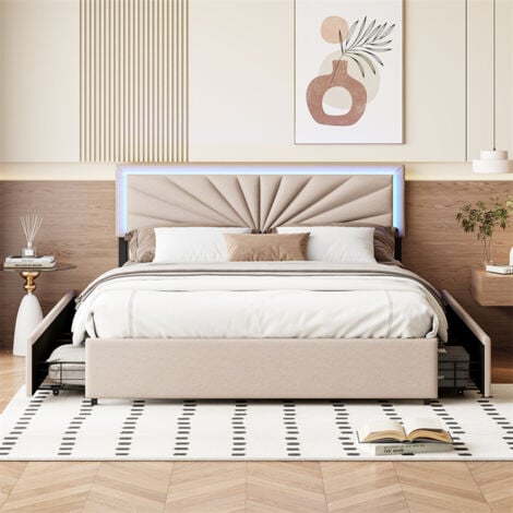 FORTUNA LAI Cama doble acolchonada 140x200cm con 4 cajones en metal, somier a lattes y cabecero ajustable con LED, sin colchón, lino, beige