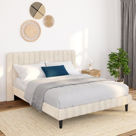 Cama doble ANNIE con cabecero de terciopelo beige 140 x 190 cm