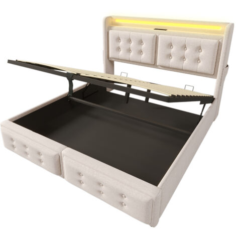 Cama doble beige tapizada de 140 x 200 cm con cabecero LED y carga USB tipo C, capacidad de carga de 300 kg. Capacidad, adecuado para adolescentes y adultos (colchón no incluido).