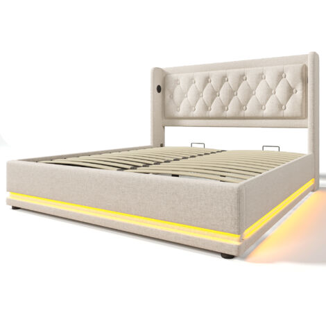 Cama doble beige tapizada de 140 x 200 cm, con canapé hidráulico e iluminación LED, cabecero acolchado y función de carga USB tipo C, apta para adolescentes y adultos (colchón no incluido).