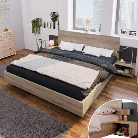 Cama doble, cama de madera, sistema de cama 160 x 200 cm con 2 mesitas de noche, cama moderna con 2 mesitas de noche, dormitorio completo 205,5x235x76,5 cm (D/B/H) juego en roble Sonoma/gris oscuro
