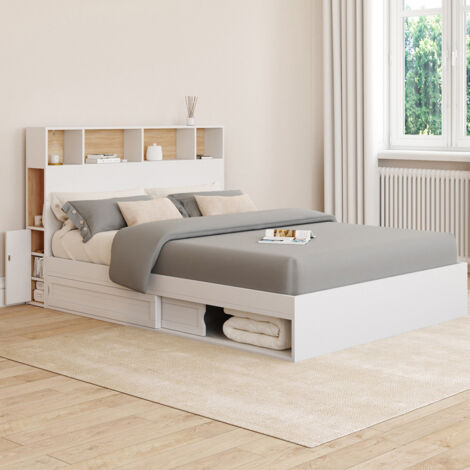 Cama doble CLEM con cabecero, espacio de almacenamiento y somier blanco de 140 x 190 cm