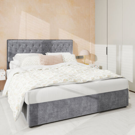 Cama doble con almacenaje para adultos, 140x200 cm, cabecero tapizado, somier de láminas, colchón no incluido - estilo minimalista moderno, terciopelo, gris