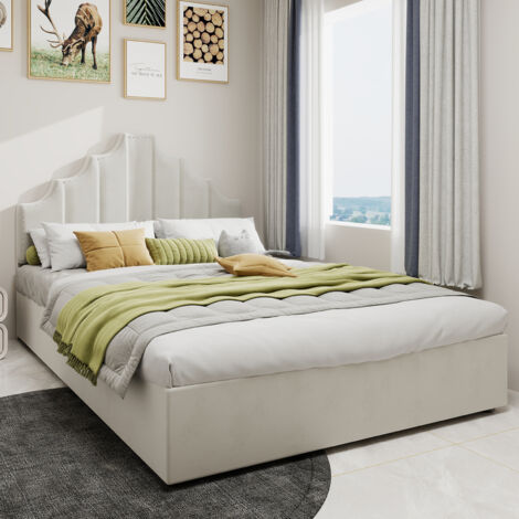Cama doble con almacenaje para adultos 140x200 cm, hidráulica, somier de láminas acolchado, estructura metálica y textil, colchón no incluido, color beige