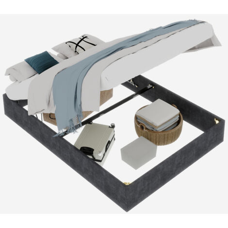 Cama doble con almacenaje para adultos 160x200 cm, hidráulica, somier de láminas, sin cabecero, sin colchón, tapizada en terciopelo gris