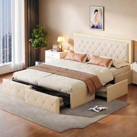 Cama doble con cajones 160x200 cm, cama tapizada con 4 cajones, cabecero con remaches e iluminación LED, somier de láminas, similar al cuero, cama nórdica para adultos - Blanco