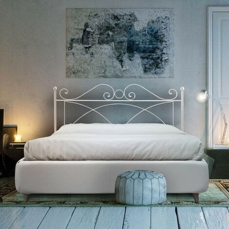 Cama doble de hierro con estructura de ecopiel SABRINA Blanco 166x208x h128 cm