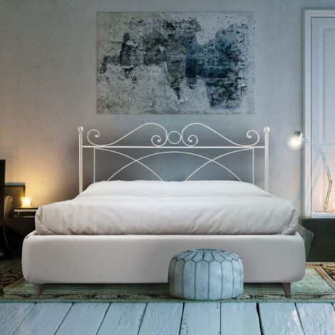 Cama doble de hierro con estructura de ecopiel SABRINA Blanco 166x208x h128 cm