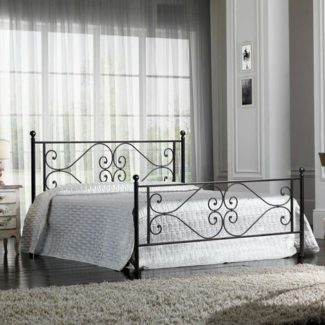 Cama doble de hierro con pie de cama Florence negro trabajado