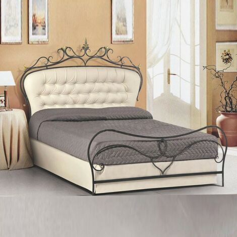 Cama doble de hierro forjado color antracita con cabecero acolchado 172x202xH.140 cm