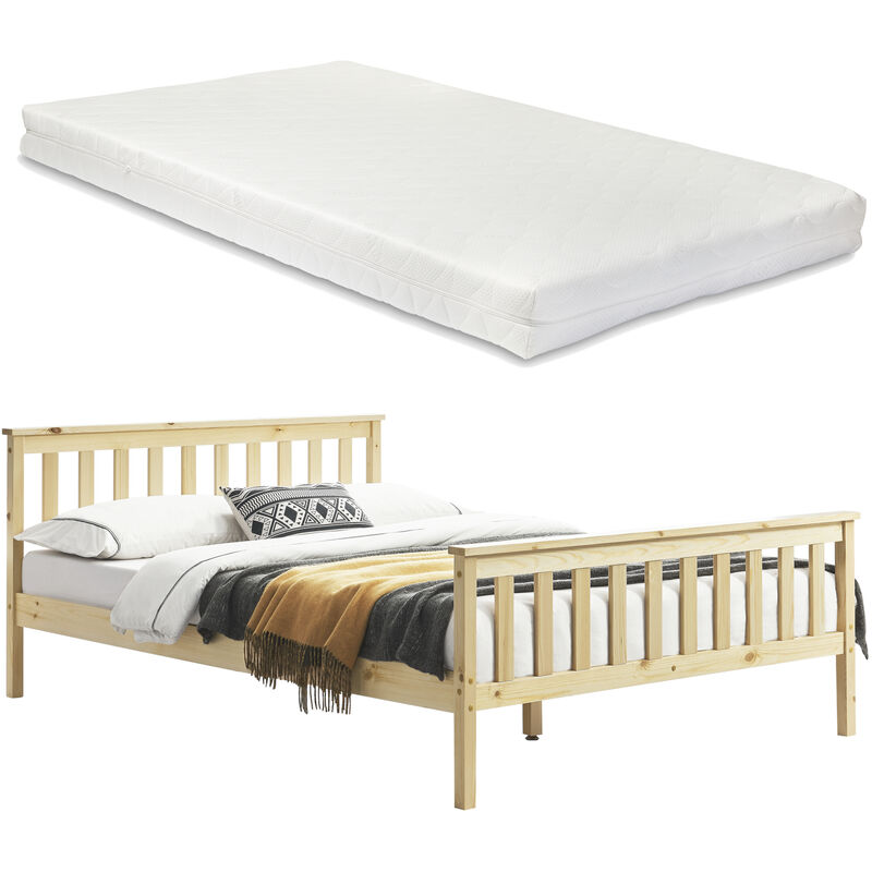 

[en.casa] - Cama Doble de Pino - Con Colchón - con Listones - Somier - 180x200 cm - Cama matrimonio - Reposacabezas Alto - Madera natural