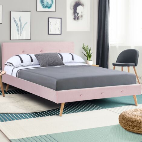 Cama doble escandinava OSLO 140 x 190 CM tejido efecto terciopelo rosa claro