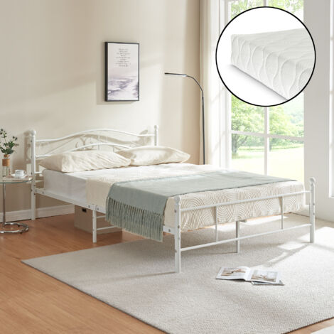 Cama doble (Florencia) con cabecero curvado, colchón y  somier metal 140 x 200cm - Blanco [en.casa]