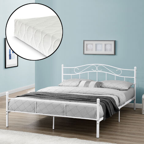 Cama doble (Florencia) con cabecero curvado, colchón y  somier metal 180 x 200cm - Blanco [en.casa]