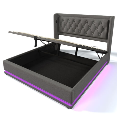 Cama doble gris tapizada de 140 x 200 cm con canapé hidráulico e iluminación LED, cabecero acolchado con carga USB tipo C, apta para adolescentes y adultos (colchón no incluido).