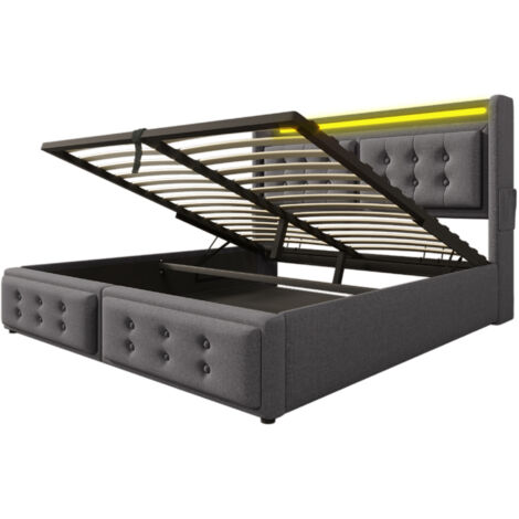 Cama doble gris tapizada de 160 x 200 cm con cabecero LED y carga USB tipo C, capacidad de carga de 300 kg, ideal para adolescentes y adultos (colchón no incluido).