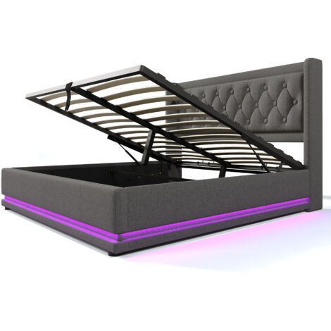 Cama doble gris tapizada de 160 x 200 cm con canapé hidráulico e iluminación LED, cabecero acolchado con carga USB tipo C, apta para adolescentes y adultos (colchón no incluido).