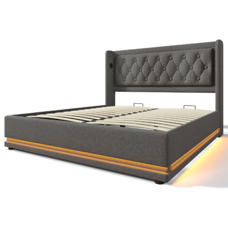 Cama doble gris tapizada de 180 x 200 cm con canapé hidráulico e iluminación LED, cabecero acolchado con carga USB tipo C, apta para adolescentes y adultos (colchón no incluido).
