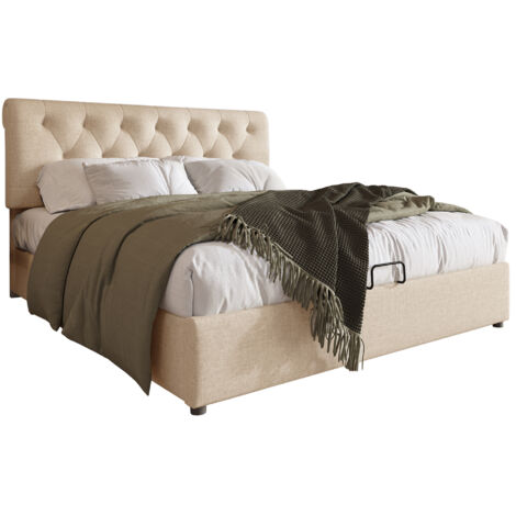 Cama doble hidráulica tapizada 160x200cm, cabecero regulable, cama con somier de láminas de estructura metálica, estructura de cama moderna con espacio de almacenaje, color natural, sin colchón