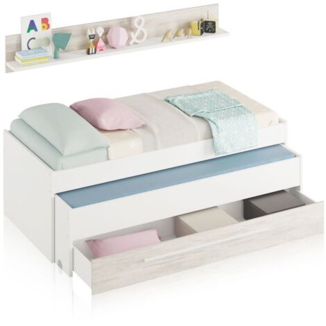 USINESTREET Cama doble juvenil con estante Elliot Blanco Artik (Blanco Mate) – Blanco Velho 199cm(cama)/180cm(estante) (ancho) x 65cm(cama)/22,5cm(estante) (alto)