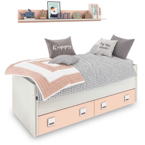 Cama doble juvenil con estante Kenia Blanco Alpes - Rosa (ancho) x 69cm (alto)