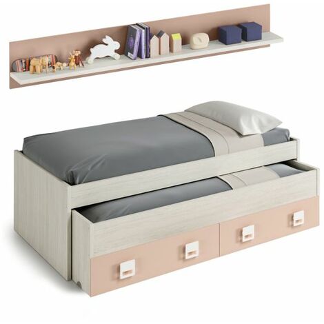 USINESTREET Cama doble juvenil + estante Nube Blanco Alpes - Rosa Cama:200cmEstante:180cmCajones:94cm (ancho) x Cama:65cmEstante:22,5cmCajones:23,5cm (alto)