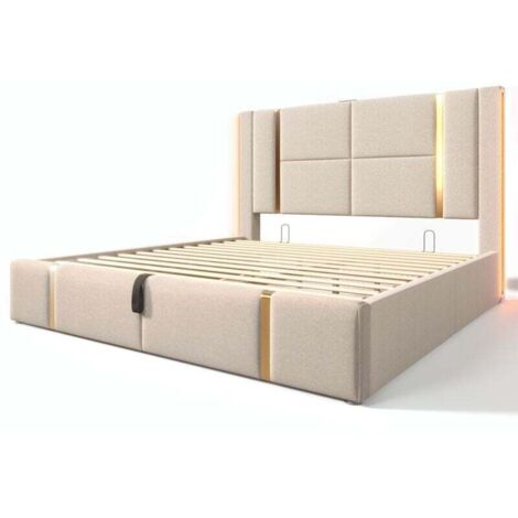Cama doble LED de 140 x 200 cm, somier de láminas de madera, tela de lino beige, con carga USB tipo C, apto para adolescentes y adultos (colchón no incluido).
