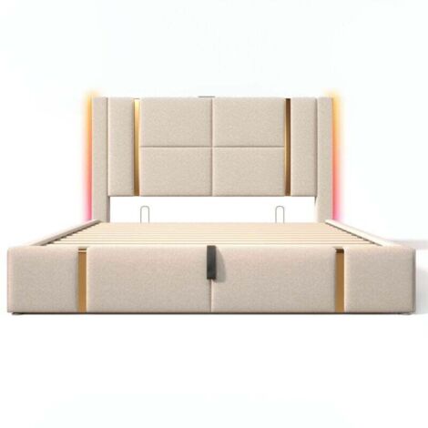 Cama doble LED de 180 x 200 cm, somier de madera, tela de lino beige, con carga USB tipo C, apta para jóvenes y adultos (colchón no incluido).