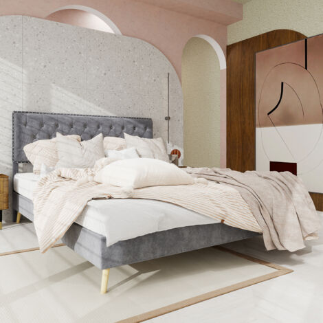 Cama doble para adulto de 140x200 cm, cabecero tapizado, somier de láminas, colchón no incluido - estilo minimalista moderno, terciopelo, gris