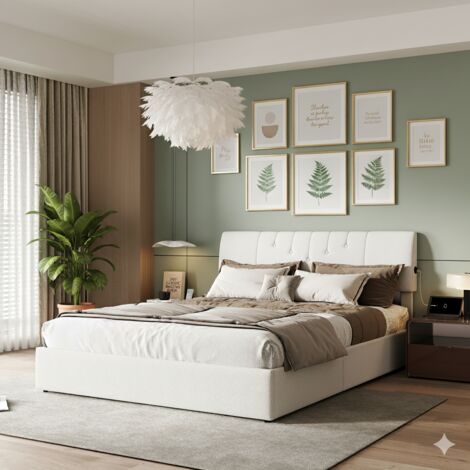 Cama doble para adultos 160 x 200 cm de terciopelo Teddy con arcón, LED y USB - Estilo moderno - Blanco