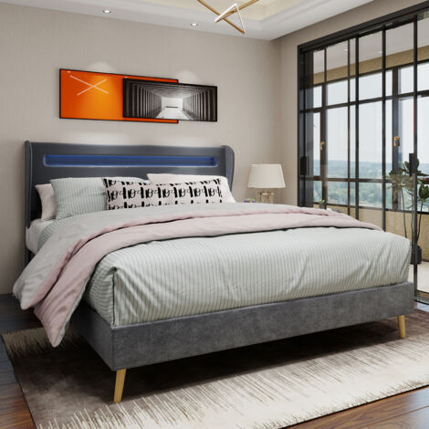 Cama doble para adultos de 140x200 cm, cabecero con LED, somier de láminas tapizado, colchón no incluido, MDF, gris