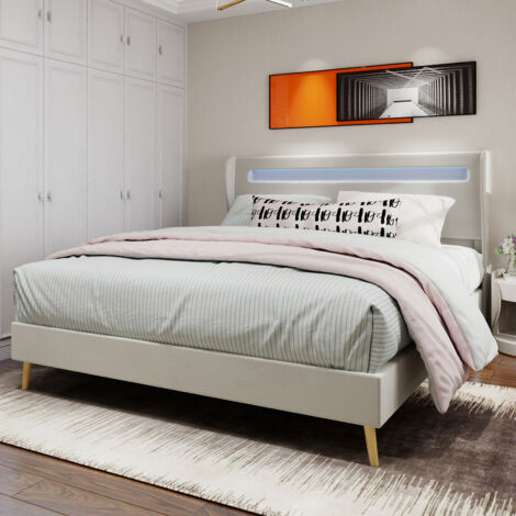 Cama doble para adultos de 160x200 cm, cabecero con LED, somier de láminas tapizado, colchón no incluido, MDF, beige