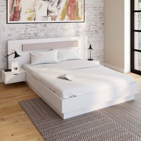 Cama doble SANTA con cabecero + mesillas integradas y somier blanco de 140 x 190 cm