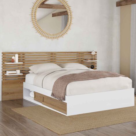 Cama doble SAVANA con cabecero, mesillas de noche, espacio de almacenamiento y somier de láminas de haya y blanco de 140 x 190 c