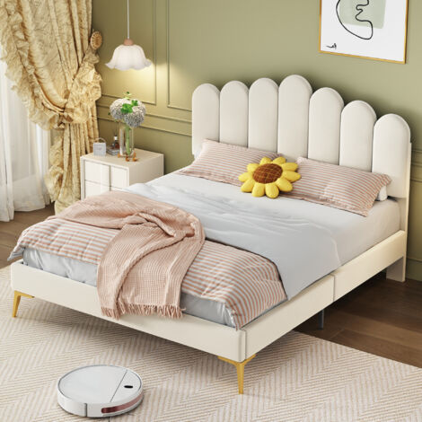 Cama doble tapizada 140x200 cm, cama infantil con cabecero regulable y somier de lamas, en terciopelo beige, sin colchón