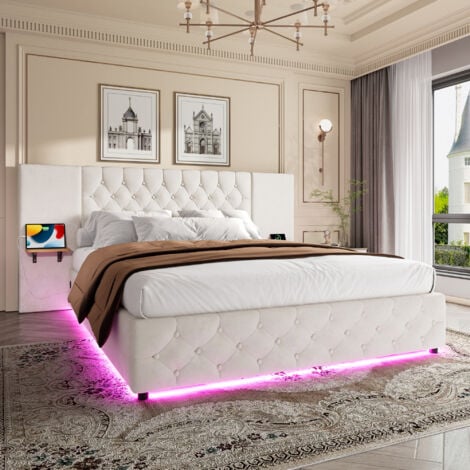 NECHE 160x200 cm LED-USB Cabecero ancho Somier de láminas Cama de terciopelo adulto Diseño moderno Elevador hidráulico Canapé Beige