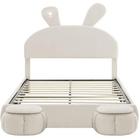Cama doble tapizada de 140 x 200 cm, bandeja de terciopelo con diseño de orejas de conejo y dos taburetes con espacio de almacenaje, ideal para niños y adolescentes (beige)