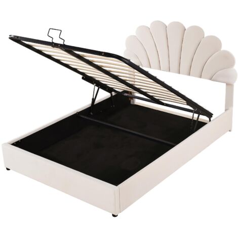 Cama doble tapizada de 140 x 200 cm, cabecero floral, con cabecero regulable en altura y espacio de almacenamiento hidráulico, adecuada para adolescentes y adultos (beige)