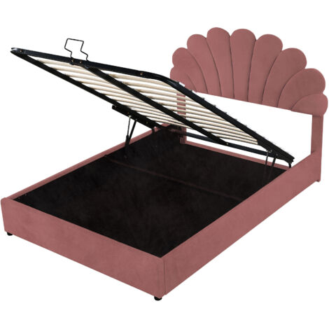 Cama doble tapizada de 140 x 200 cm con cabecero floral, altura regulable y canapé hidráulico, ideal para adolescentes y adultos (rosa).
