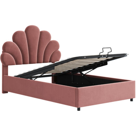 Cama doble tapizada de 90 x 200 cm con cabecero floral, altura regulable y canapé hidráulico, ideal para adolescentes y adultos (rosa).