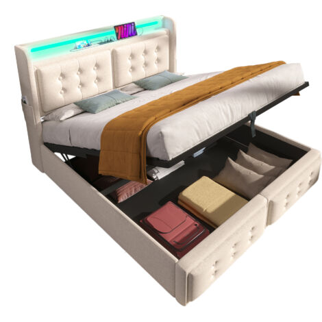 Cama doble tapizada en beige de 160 x 200 cm con cabecero LED y carga USB tipo C. Capacidad de carga: 300 kg. Ideal para adolescentes y adultos (colchón incluido).