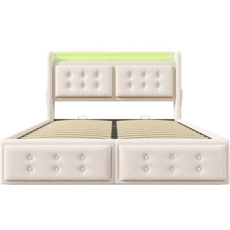 Cama doble tapizada en beige de 180 x 200 cm con cabecero LED y carga USB tipo C. Capacidad de carga: 300 kg. Ideal para adolescentes y adultos (colchón no incluido).