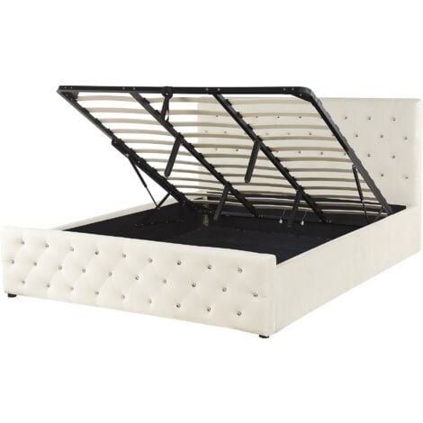 BELIANI Cama doble tapizada en terciopelo beige 180 x 200 cm con almacenamiento cabecero acolchado Amiens