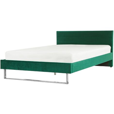 Cama doble tapizada en terciopelo verde 180 x 200 cm con cabecero patas doradas estilo glam Bellou