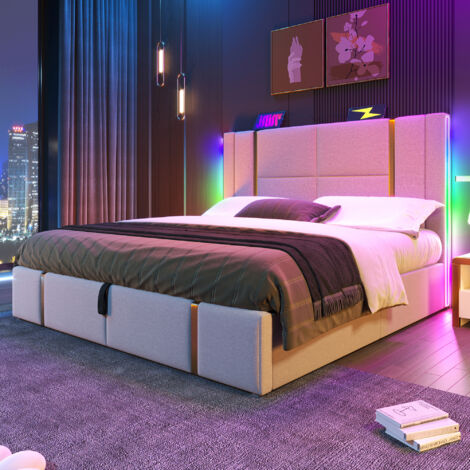 Cama doble tapizada, función de carga USB tipo C, control mediante app, iluminación LED, 160x200 cm, cama con canapé, somier de láminas de madera, material de lino beige (colchón no incluido)