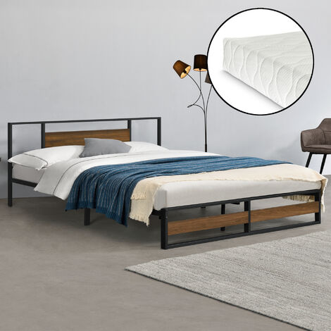 Cama doble Villach con somier y colchón - acero 180 x 200cm - Negro mate y Efecto nogal [en.casa]