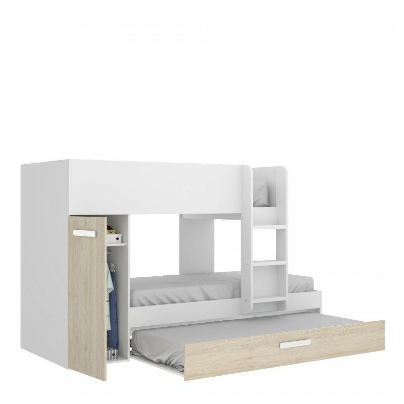 

Cama Dormitorio litera 3 camas en color blanco con natural. 150 x 242 cm.