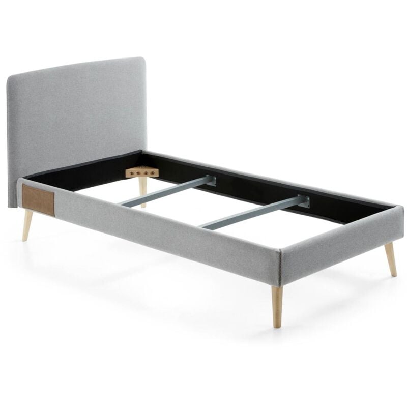 

Cama individual Dyla gris de 90 x 190 cm con estructura de madera de haya y espuma de poliuretano tapizada con tela antimanchas - Kave Home